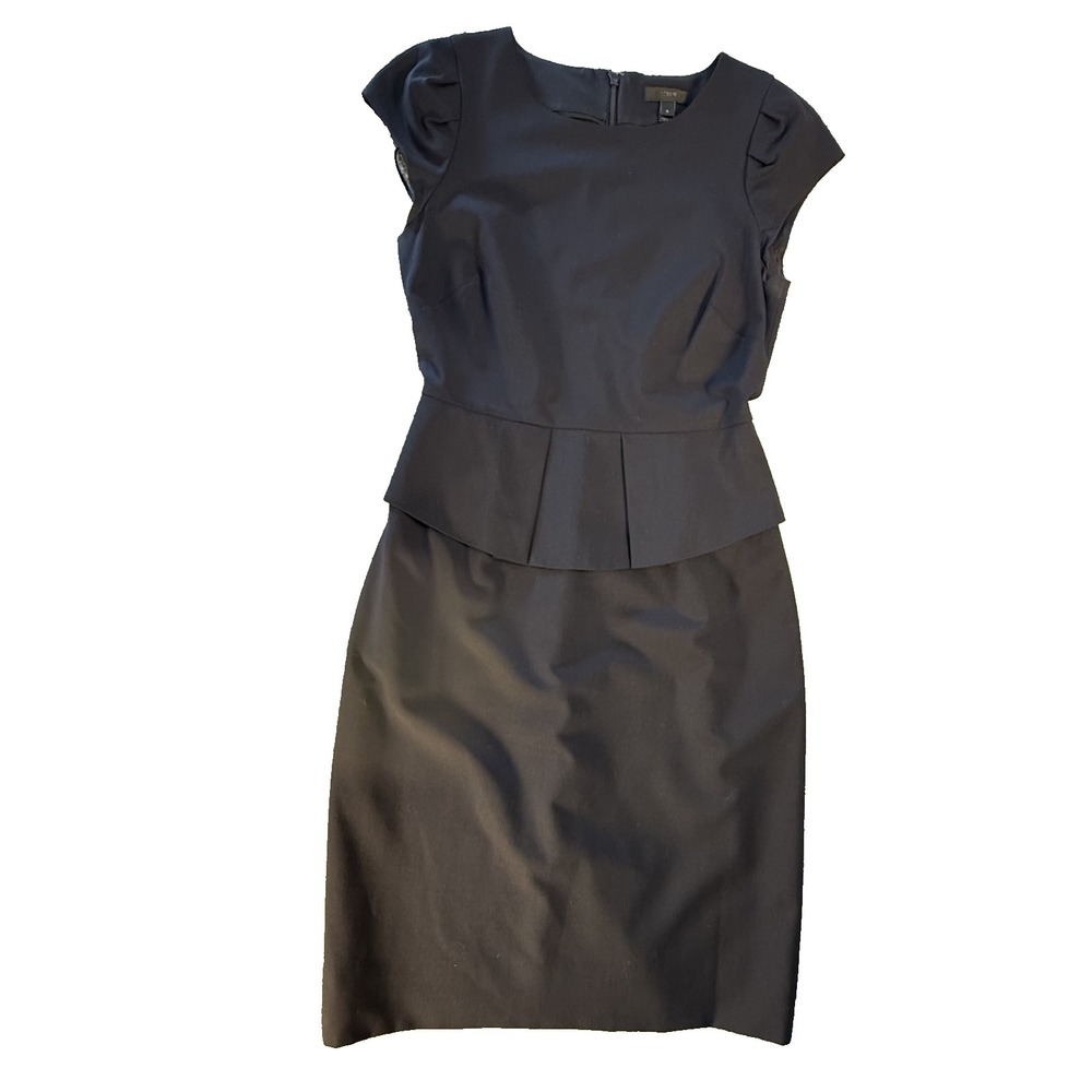 J Crew Peplum Dress Size 0 Stretch Wool Navy Sheath Classic Preppy - Picture 2 of 10